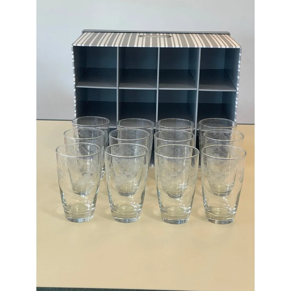 Set of 12 Etched Floral Glass Tumblers Highball Glasses with Storage Box